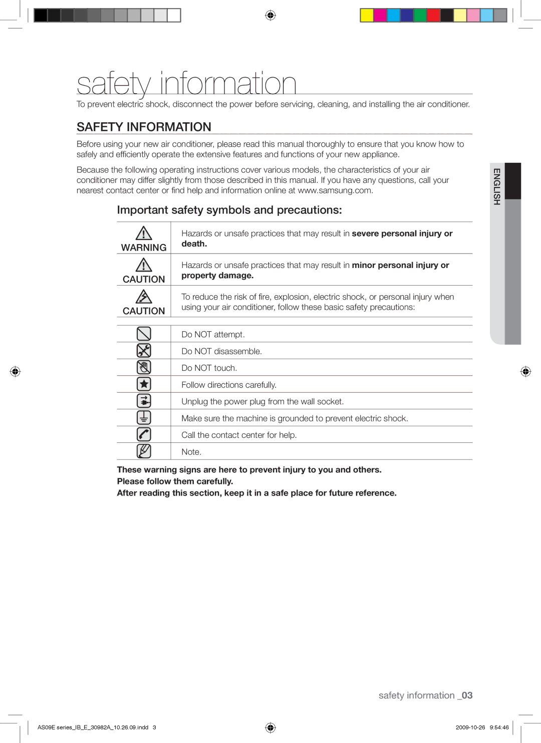 Samsung AS18ESAXMID, AQ09UGDX, AS18ESANMID Safety information, Safety Information, Important safety symbols and precautions 