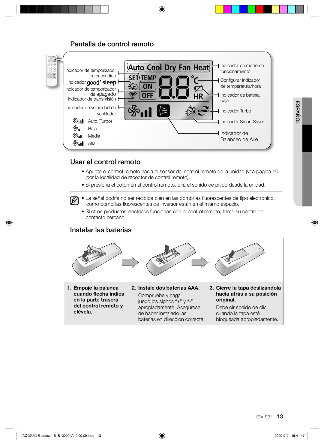 Samsung AQ24UUANMID, AQ09UUANMID, AQ24UUAXMID Pantalla de control remoto, Usar el control remoto, Instalar las baterías 