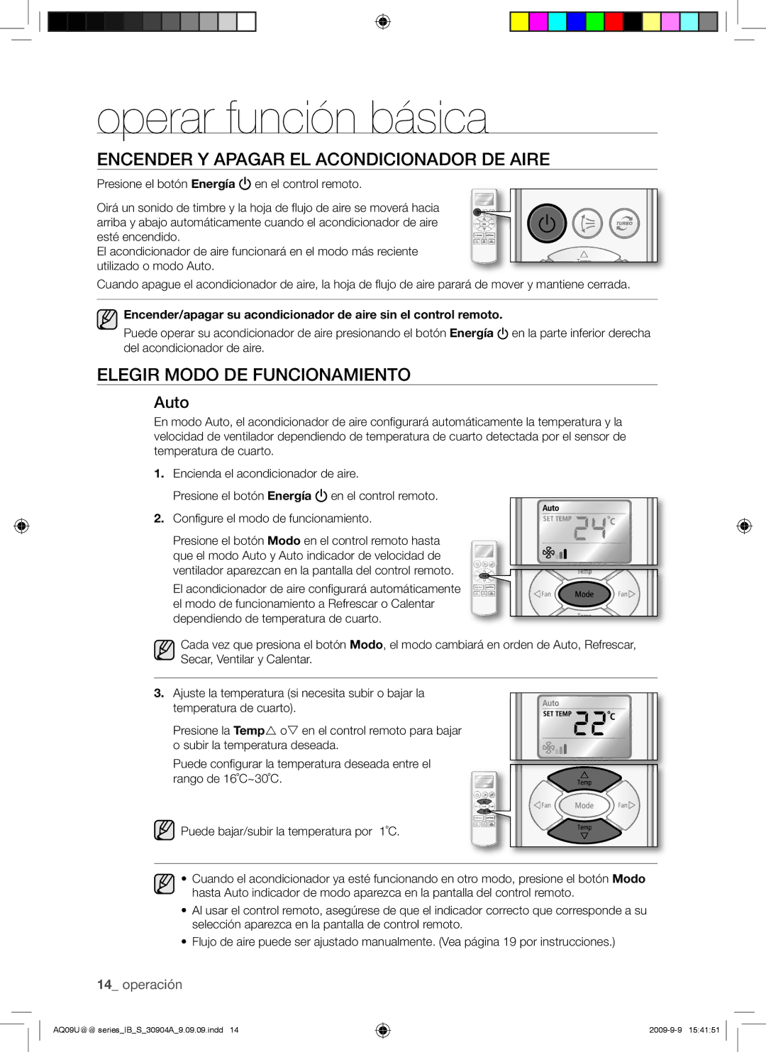 Samsung AQ18UUAXMID Operar función básica, Encender Y Apagar EL Acondicionador DE Aire, Elegir Modo DE Funcionamiento 