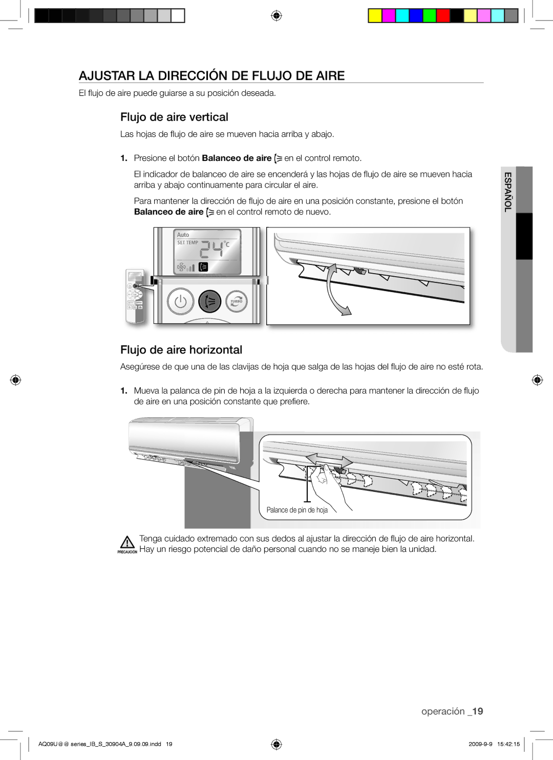 Samsung AQ09UUANMID, AQ24UUAXMID Ajustar LA Dirección DE Flujo DE Aire, Flujo de aire vertical, Flujo de aire horizontal 