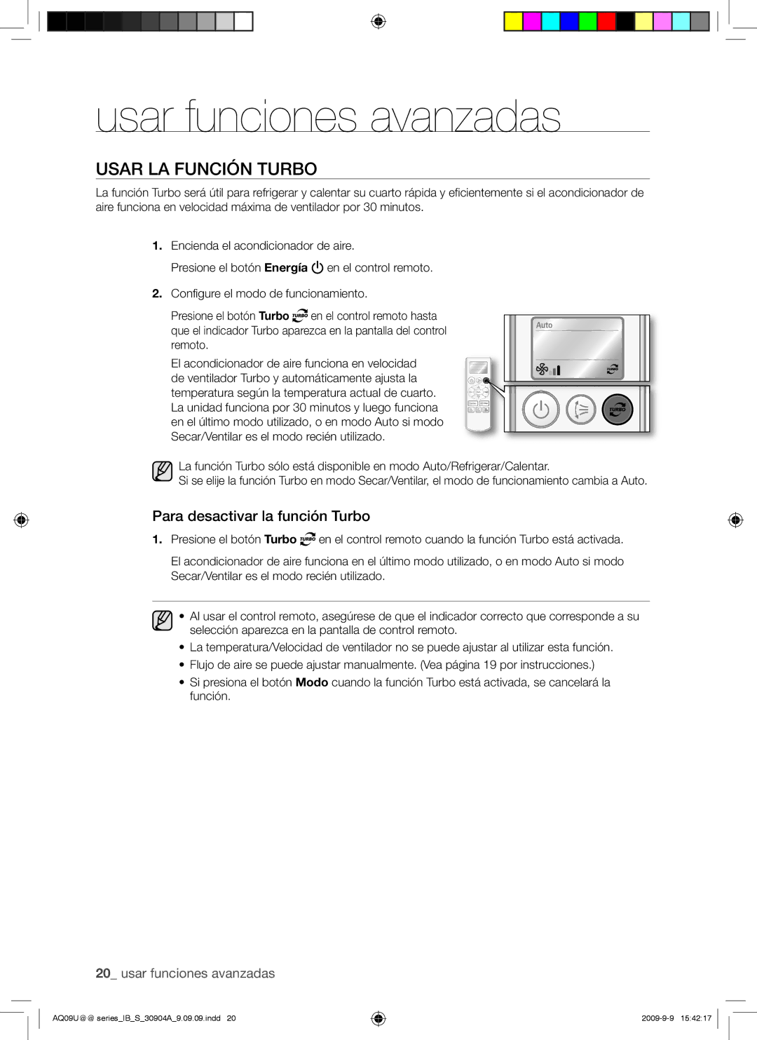 Samsung AQ24UUAXMID, AQ09UUANMID manual Usar funciones avanzadas, Usar LA Función Turbo, Para desactivar la función Turbo 