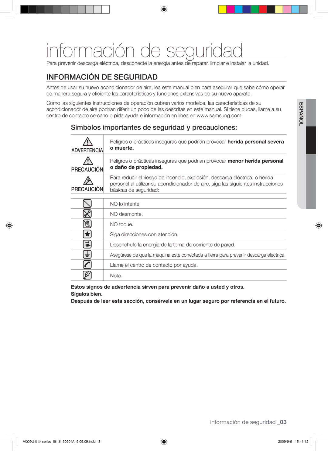 Samsung AQ12UUANMID Información de seguridad, Información DE Seguridad, Símbolos importantes de seguridad y precauciones 