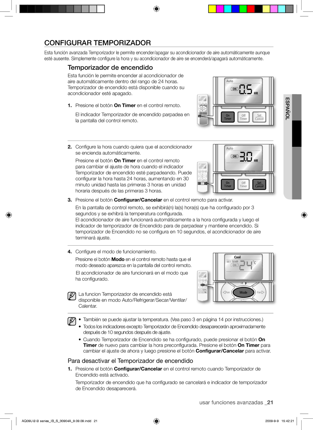 Samsung AQ12UUANMID, AQ09UUANMID, AQ24UUAXMID Configurar Temporizador, Para desactivar el Temporizador de encendido 