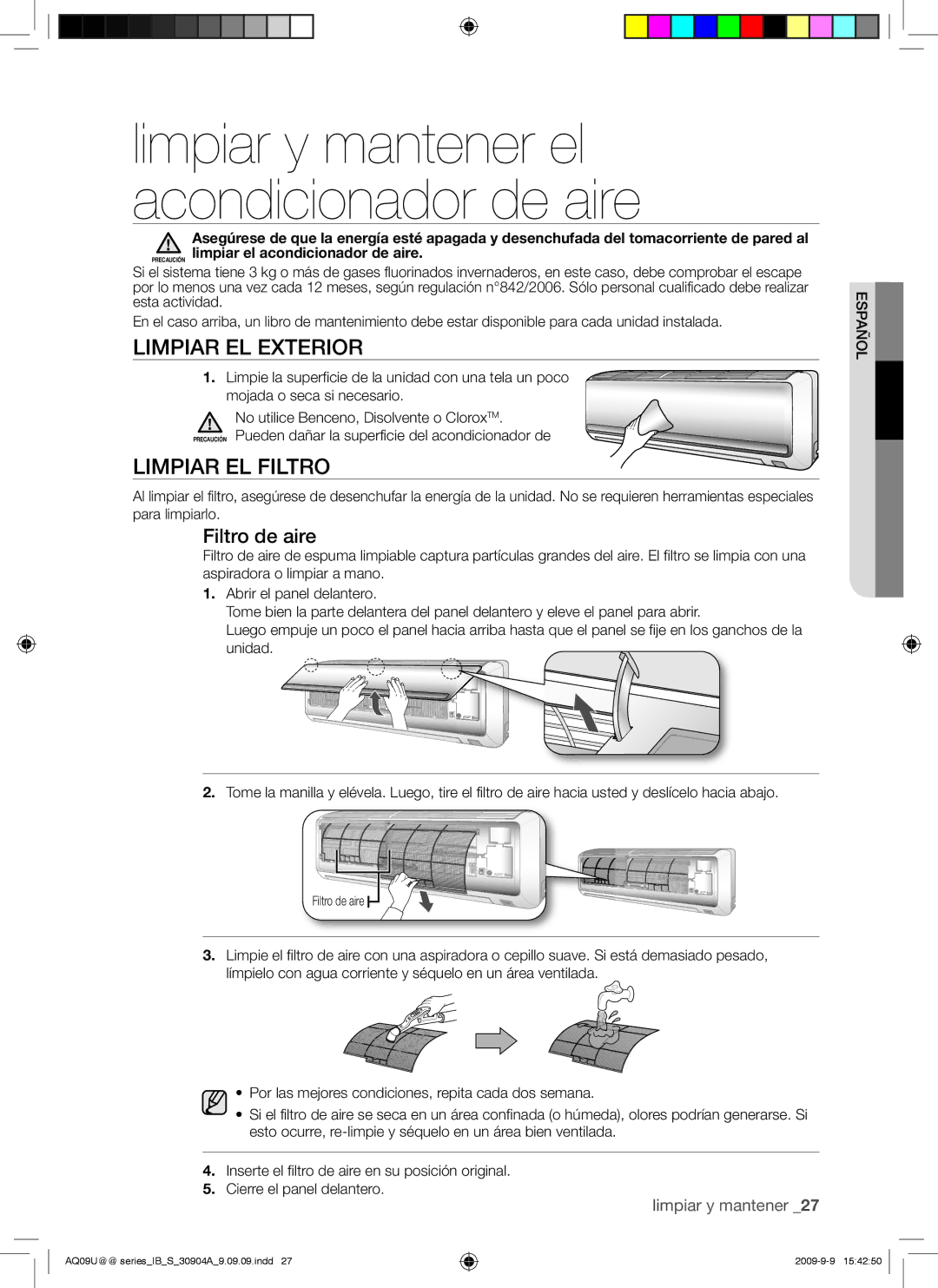 Samsung AQ12UUAXMID, AQ09UUANMID, AQ24UUAXMID, AQ12UUANMID manual Limpiar EL Exterior, Limpiar EL Filtro, Filtro de aire 