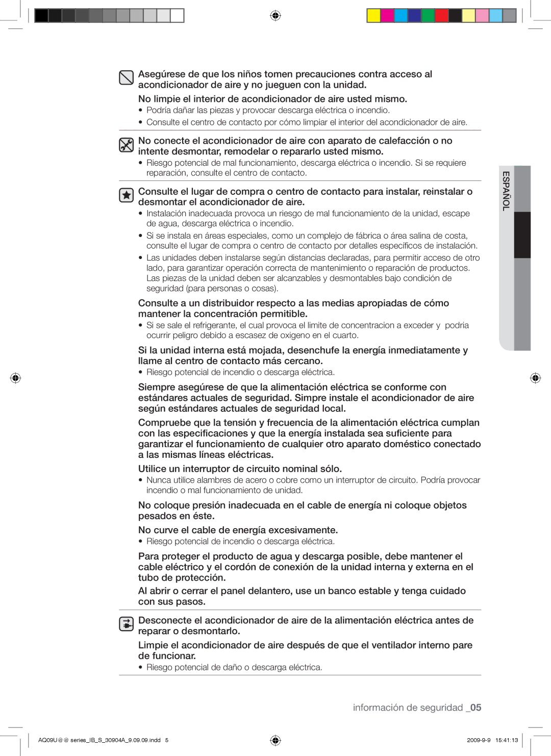 Samsung AQ18UUAXMID, AQ09UUANMID, AQ24UUAXMID, AQ12UUANMID, AQ24UUANMID manual Riesgo potencial de daño o descarga eléctrica 