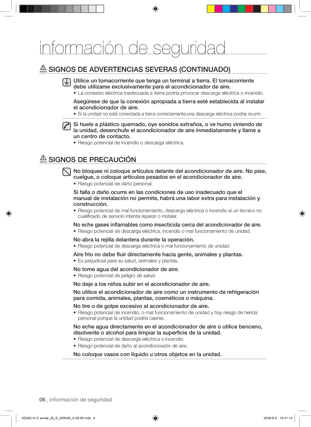 Samsung AQ18UUANMID, AQ09UUANMID Advertencia Signos DE Advertencias Severas Continuado, Precaución Signos DE Precaución 