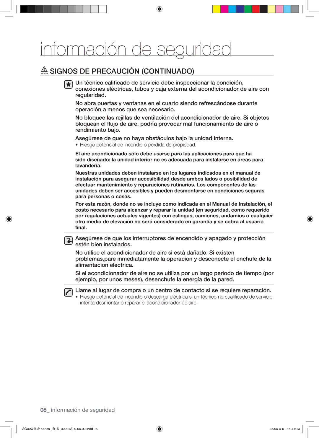 Samsung AQ09ESANMID, AQ09UUANMID, AQ24UUAXMID, AQ12UUANMID, AQ24UUANMID manual Precaución Signos DE Precaución Continuado 