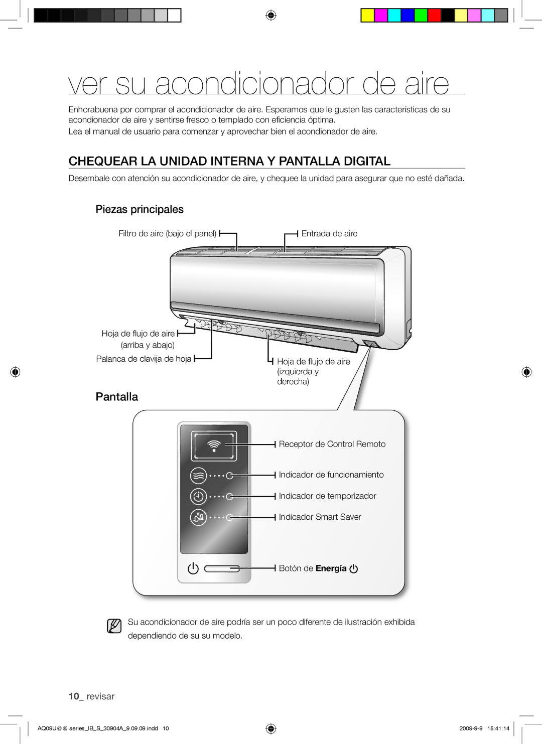 Samsung AQ09UUANMID manual Ver su acondicionador de aire, Chequear LA Unidad Interna Y Pantalla Digital, Piezas principales 