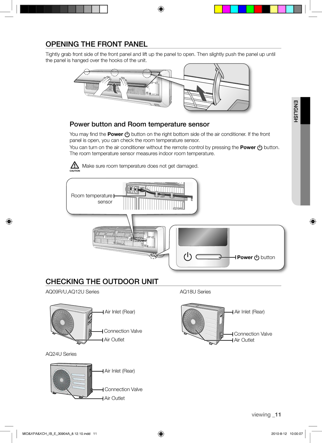 Samsung AQ24UUAXMID manual Opening the Front Panel, Checking the Outdoor Unit, Power button and Room temperature sensor 