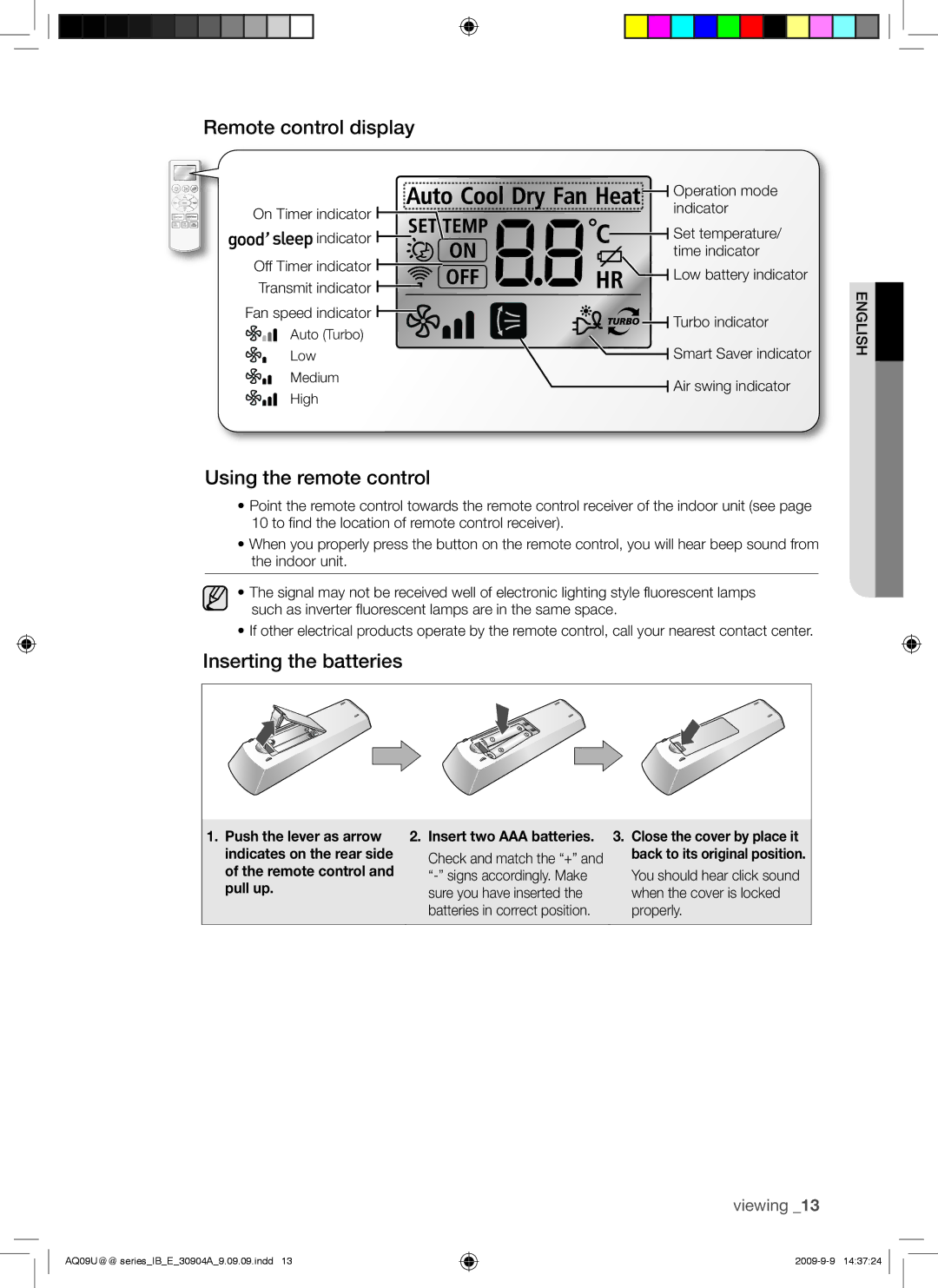 Samsung AQ24UUANMID, AQ09UUANMID, AQ24UUAXMID Remote control display, Using the remote control, Inserting the batteries 