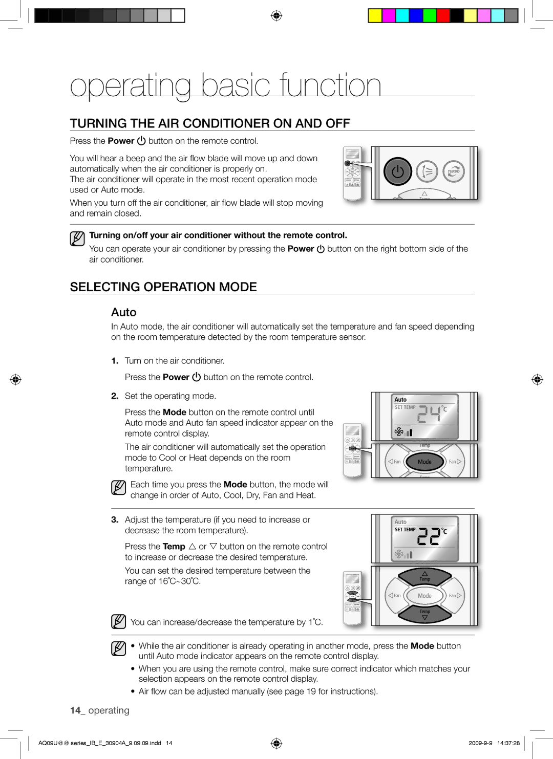 Samsung AQ18UUAXMID manual Operating basic function, Turning the AIR Conditioner on and OFF, Selecting Operation Mode, Auto 