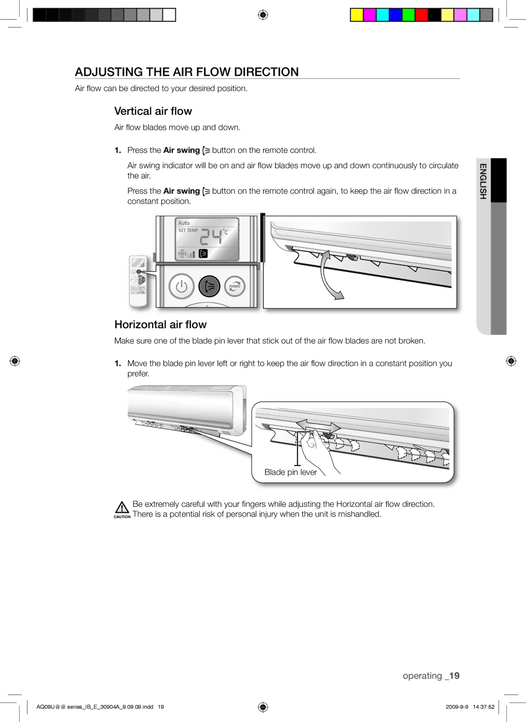 Samsung AQ09UUANMID, AQ24UUAXMID, AQ12UUANMID manual Adjusting the AIR Flow Direction, Vertical air flow, Horizontal air flow 