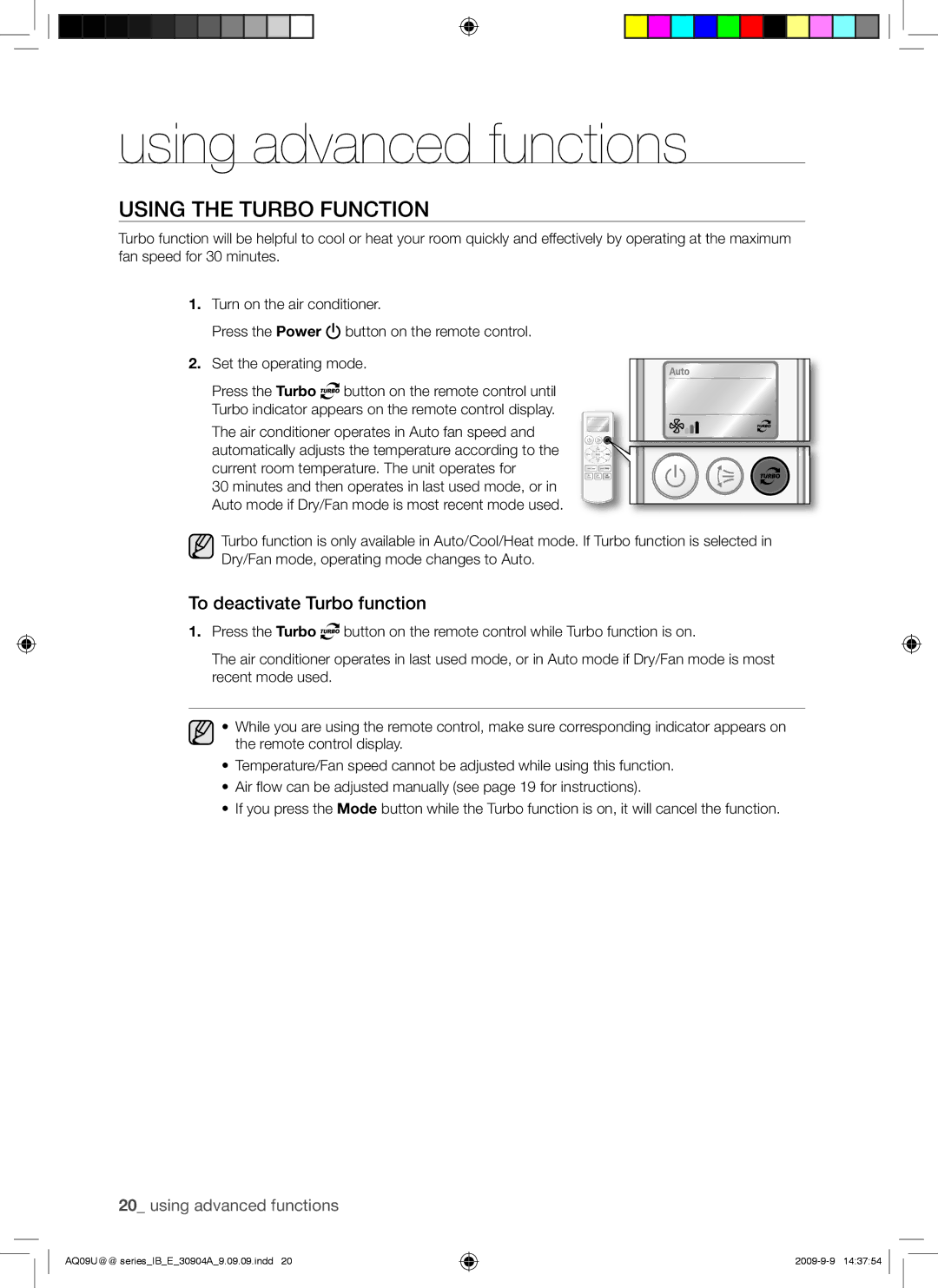 Samsung AQ24UUAXMID, AQ09UUANMID manual Using advanced functions, Using the Turbo Function, To deactivate Turbo function 