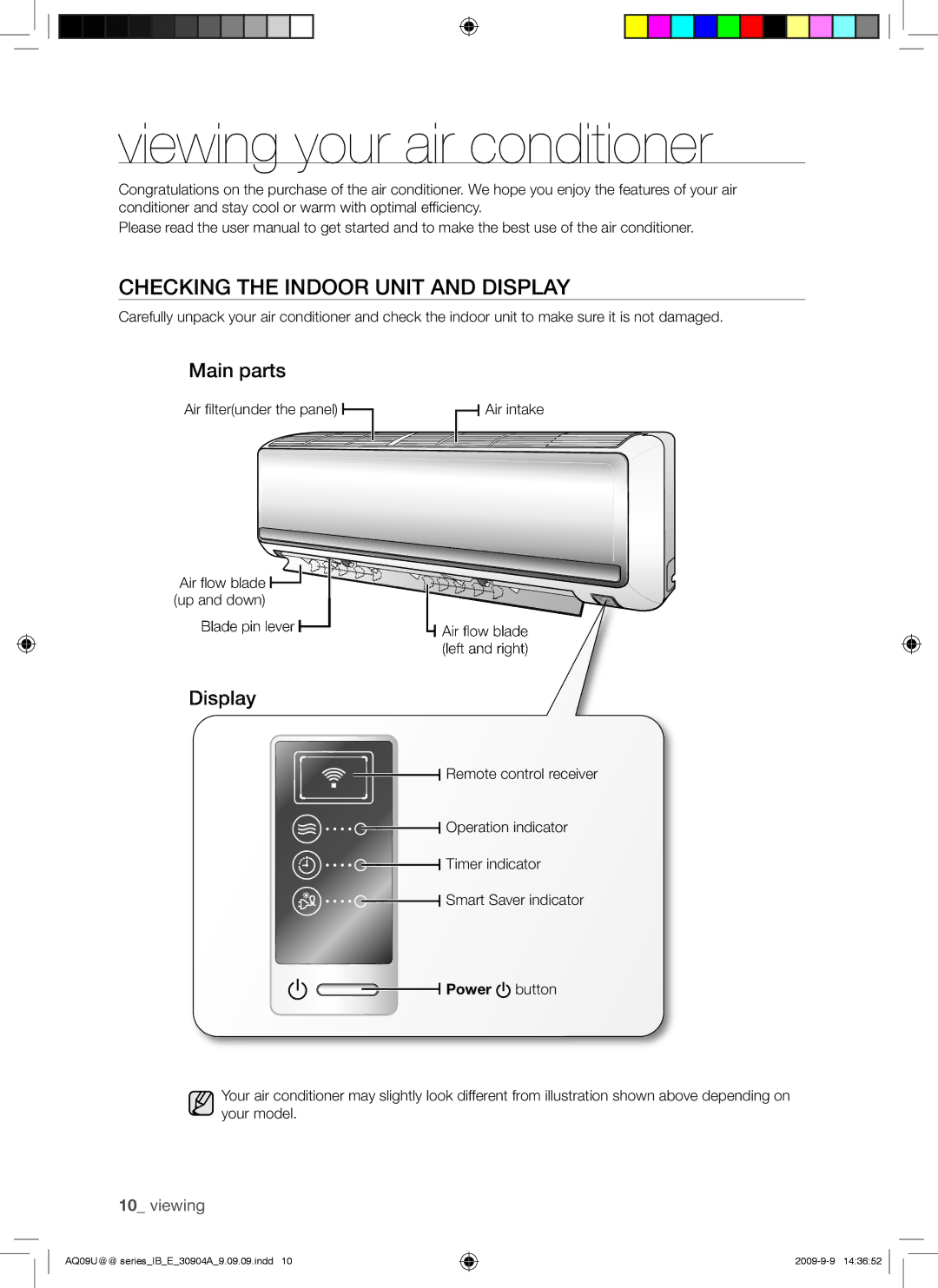 Samsung AQ09UUANMID manual Viewing your air conditioner, Checking the Indoor Unit and Display, Main parts, Power button 