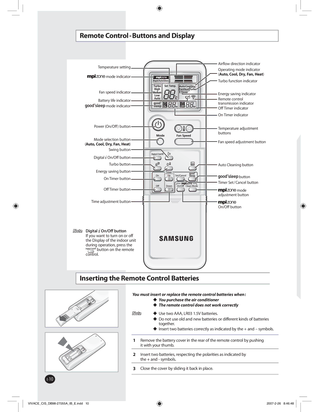 Samsung AQ09VBLXSER, AQ09VBLNSER manual 3FNPUF$POUSPM#VUUPOTBOE%JTQMBZ, OTFSUJOHUIF3FNPUF$POUSPM#BUUFSJFT 