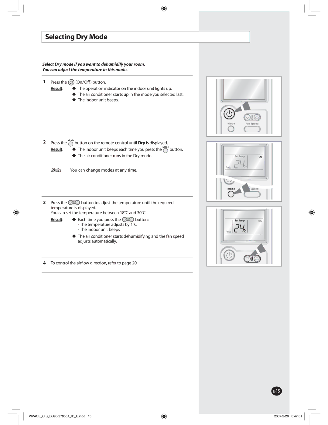 Samsung AQ09VBLNSER, AQ09VBLXSER manual 4FMFDUJOH%SZ.PEF 