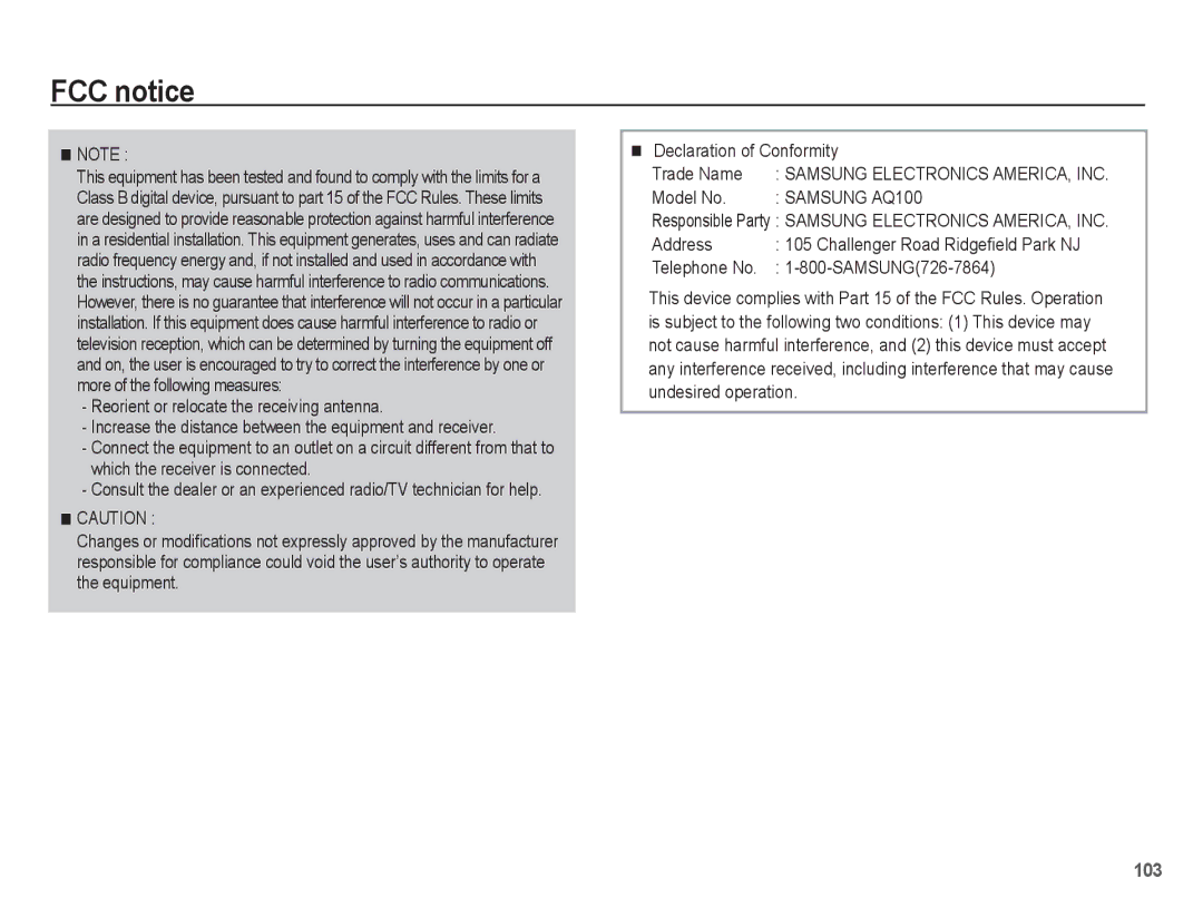 Samsung AQ100 manual FCC notice, Model No 