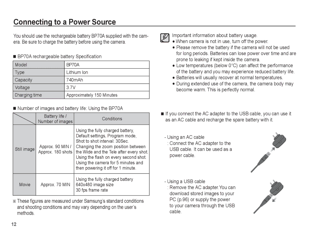 Samsung AQ100 manual Connecting to a Power Source, BP70A rechargeable battery Speciﬁcation 