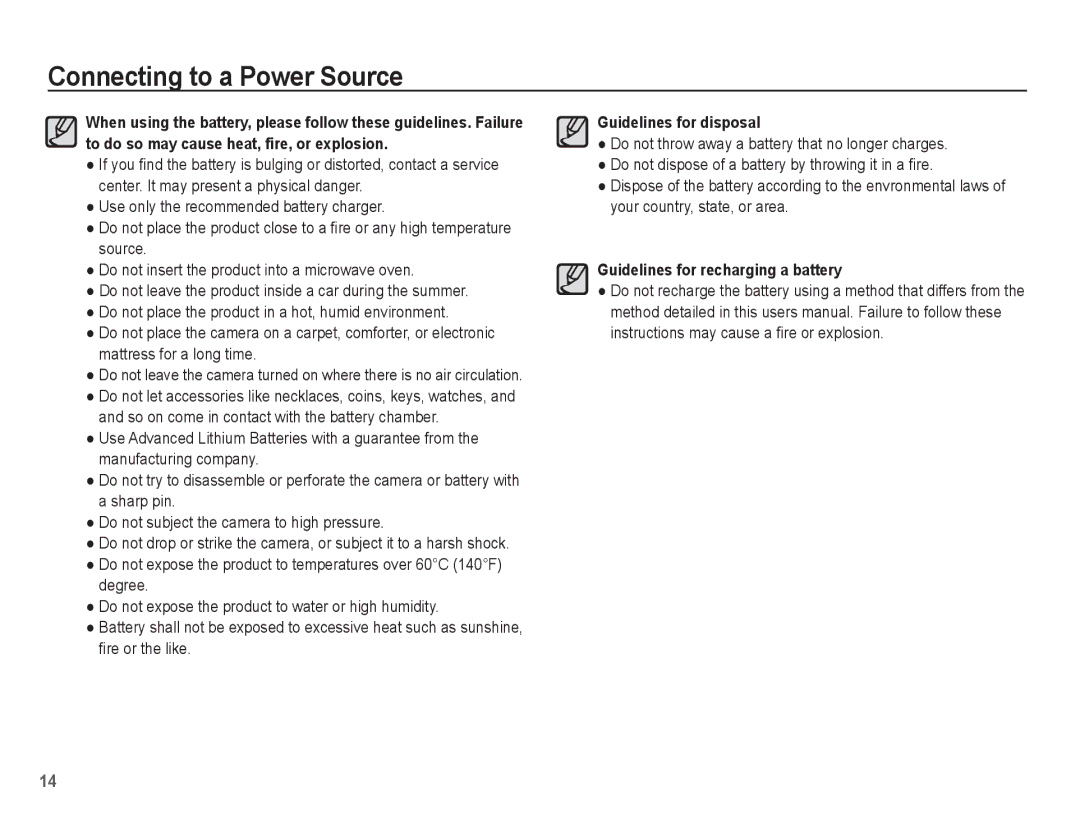 Samsung AQ100 manual Guidelines for recharging a battery 