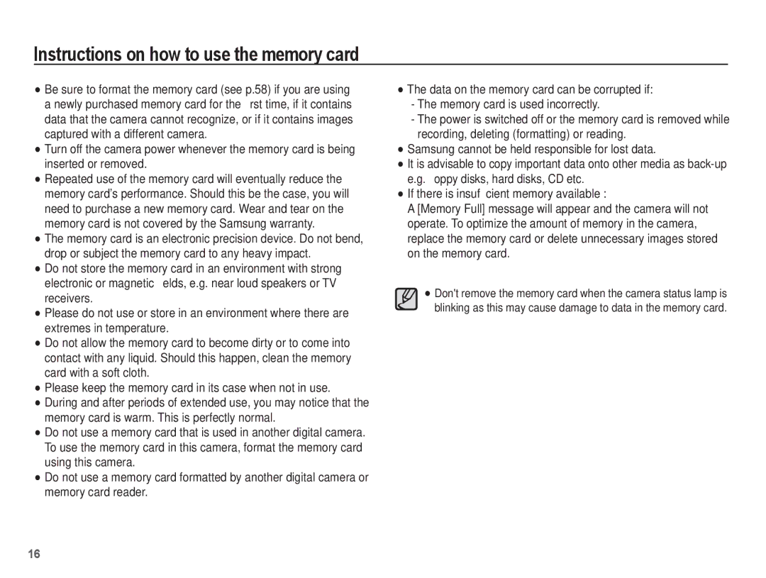 Samsung AQ100 manual Instructions on how to use the memory card 