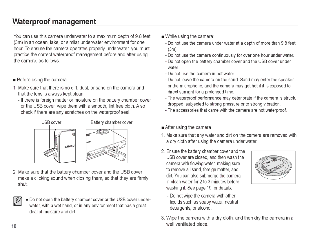 Samsung AQ100 Waterproof management, While using the camera, After using the camera, Ensure the battery chamber cover 