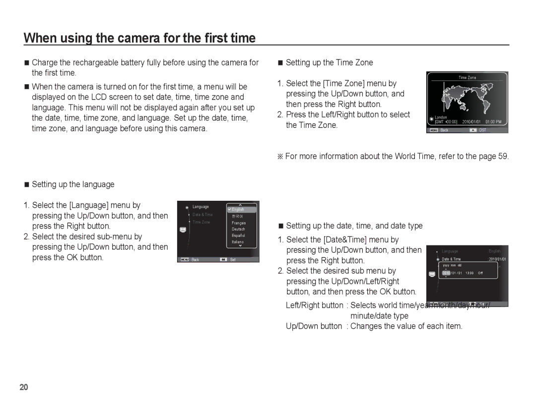 Samsung AQ100 manual When using the camera for the ﬁrst time, Setting up the Time Zone 