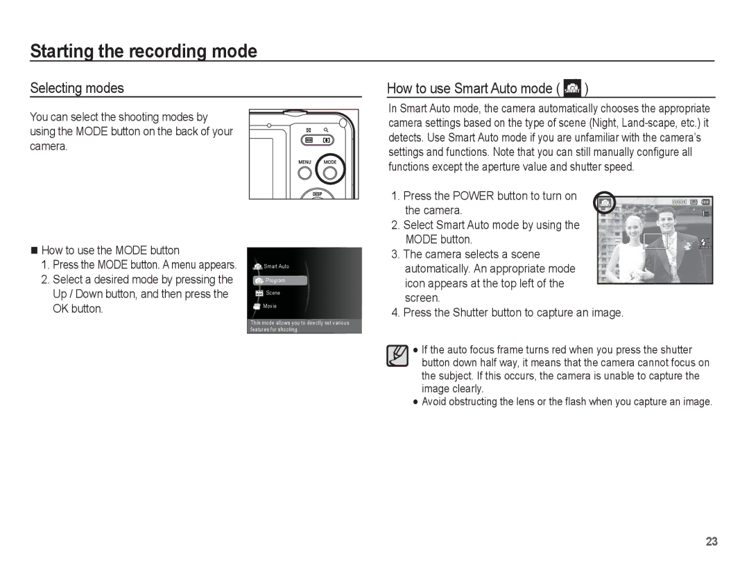 Samsung AQ100 manual Starting the recording mode, Selecting modes How to use Smart Auto mode 