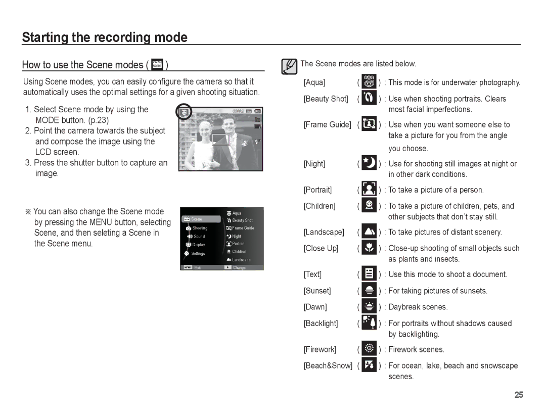 Samsung AQ100 manual How to use the Scene modes 