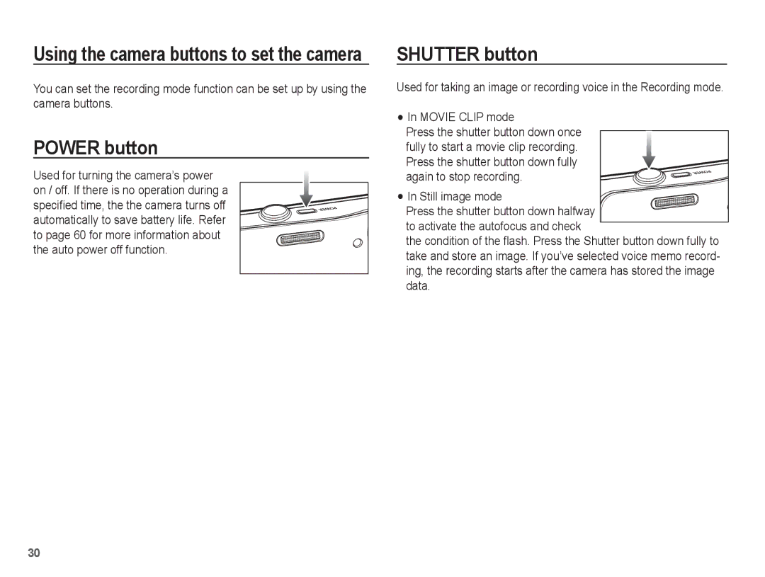 Samsung AQ100 manual Power button, Shutter button, Movie Clip mode 