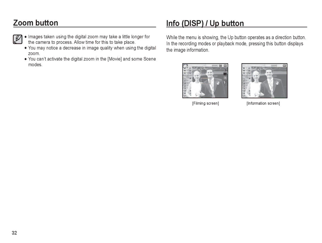 Samsung AQ100 manual Zoom button Info Disp / Up button 