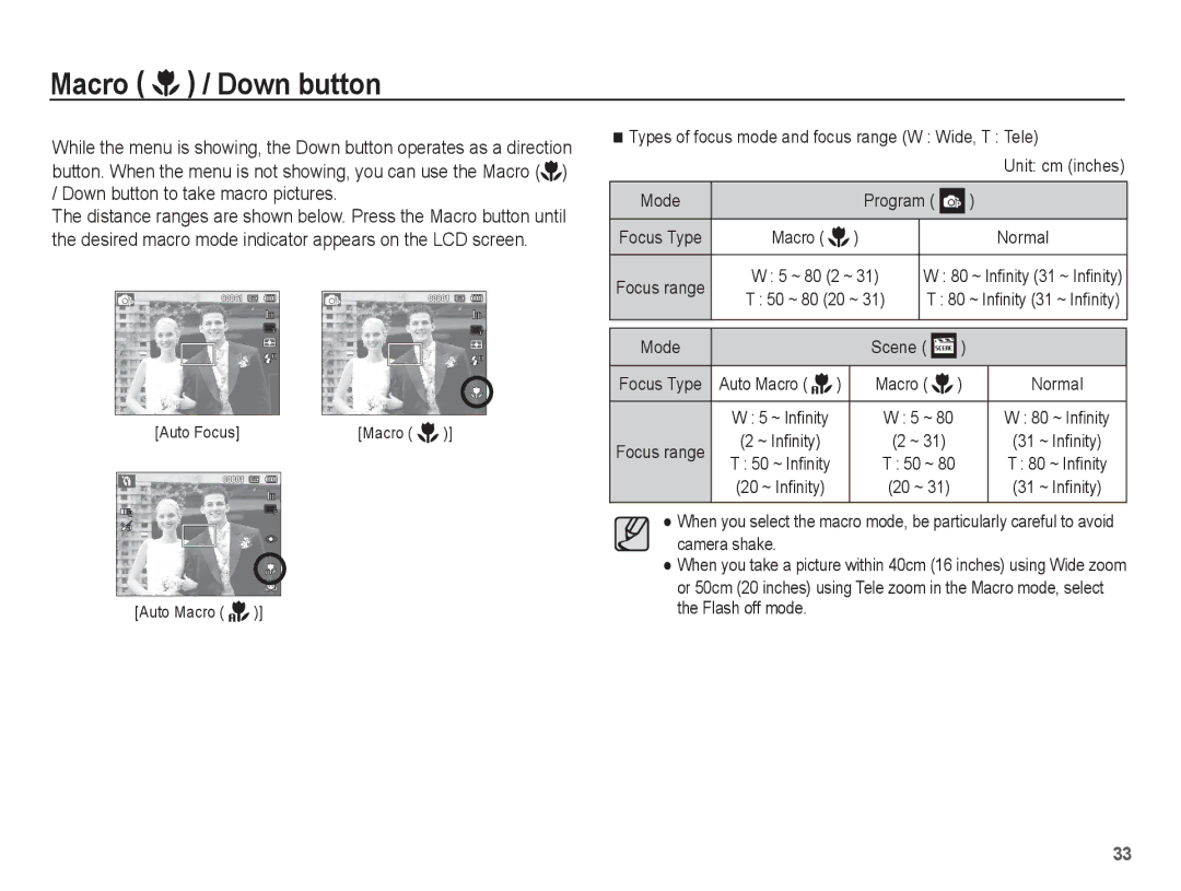 Samsung AQ100 manual Macro / Down button, Mode Program 