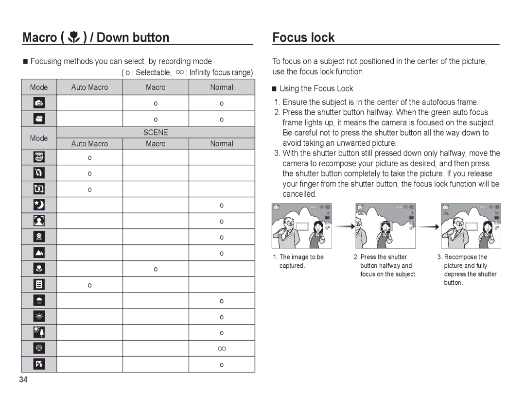 Samsung AQ100 manual Focus lock, Focusing methods you can select, by recording mode, Selectable, Inﬁnity focus range Mode 