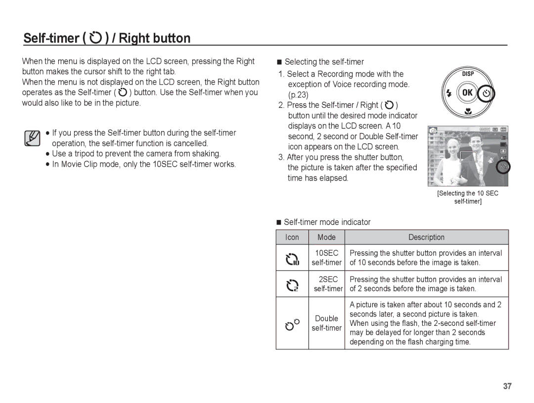 Samsung AQ100 manual Self-timer / Right button 