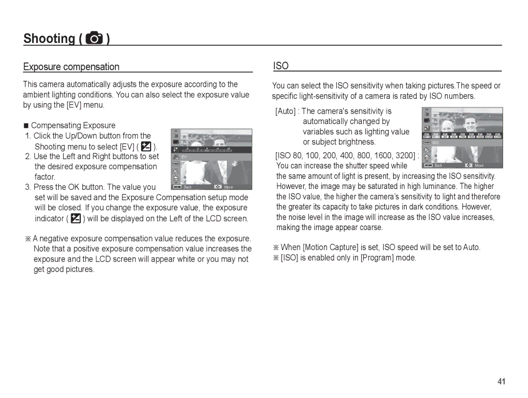 Samsung AQ100 manual Exposure compensation, Indicator, ISO 80, 100, 200, 400, 800, 1600, Shooting menu to select EV 