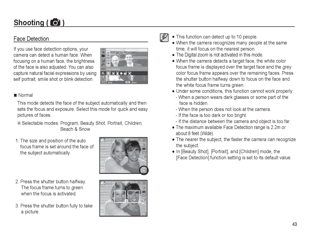 Samsung AQ100 manual Face Detection, Normal, About 8 feet Wide, Subject 