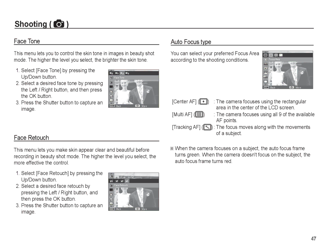 Samsung AQ100 manual Face Tone, Auto Focus type, Face Retouch 