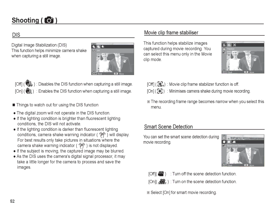 Samsung AQ100 manual Movie clip frame stabiliser, Smart Scene Detection 