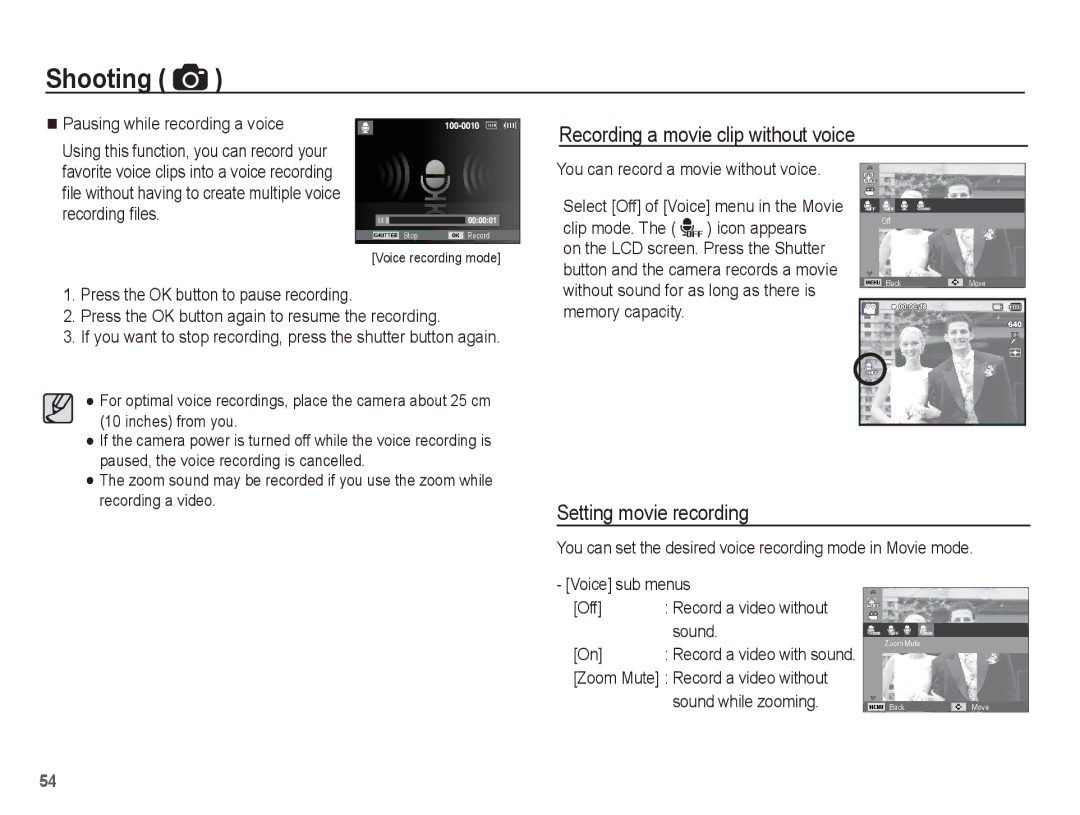 Samsung AQ100 Recording a movie clip without voice, Setting movie recording, You can record a movie without voice, Sound 