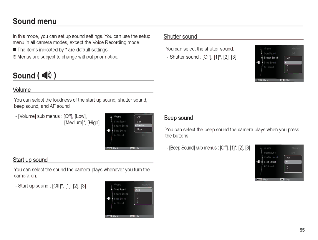 Samsung AQ100 manual Sound menu, Sound  