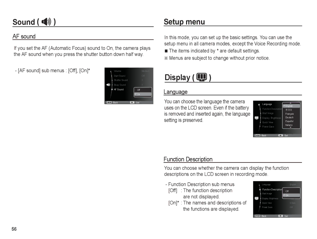 Samsung AQ100 manual Setup menu, Display, AF sound, Language, Function Description 