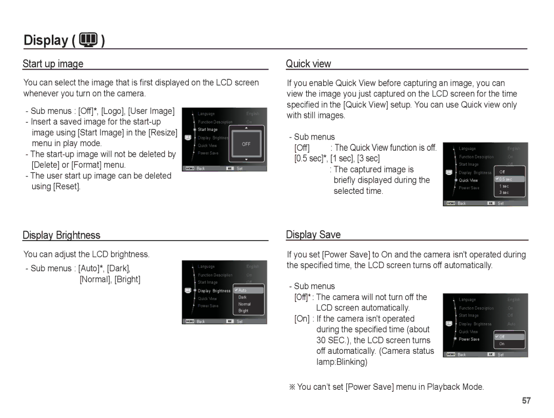 Samsung AQ100 manual Start up image, Quick view, Display Brightness Display Save 