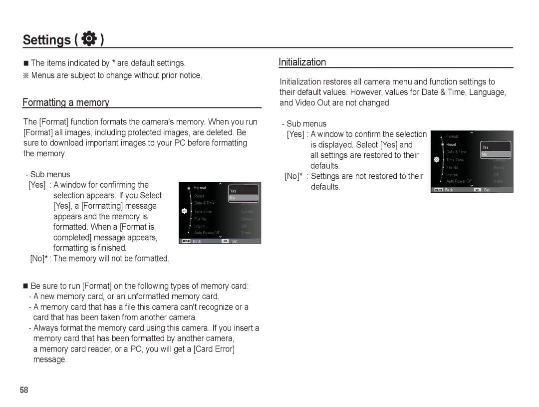 Samsung AQ100 manual Settings, Formatting a memory Initialization, Defaults 