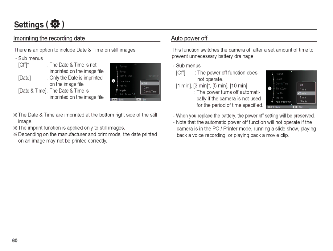 Samsung AQ100 Imprinting the recording date, Auto power off, There is an option to include Date & Time on still images 