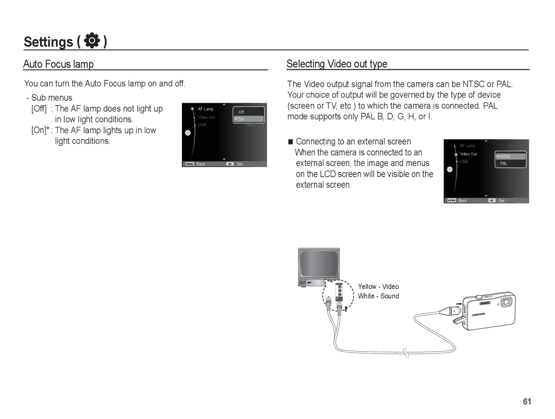 Samsung AQ100 manual Auto Focus lamp Selecting Video out type, On* The AF lamp lights up in low light conditions 