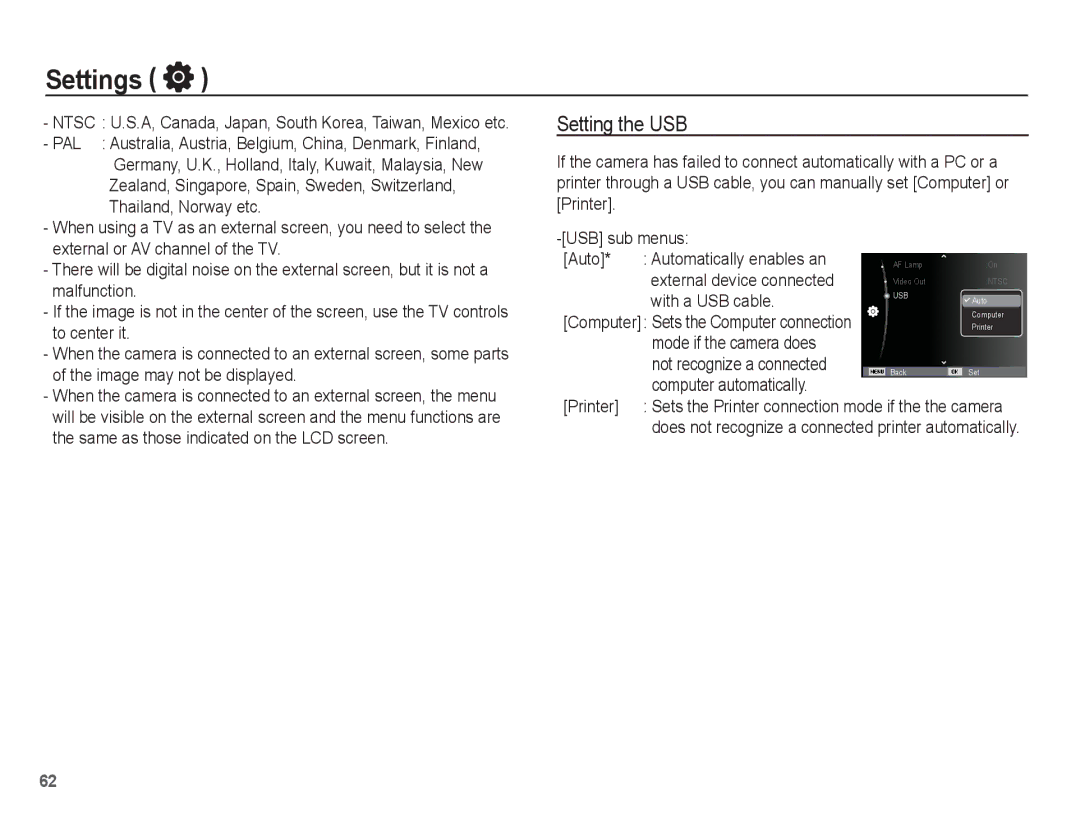 Samsung AQ100 manual Setting the USB, With a USB cable, Mode if the camera does, Computer automatically Printer 