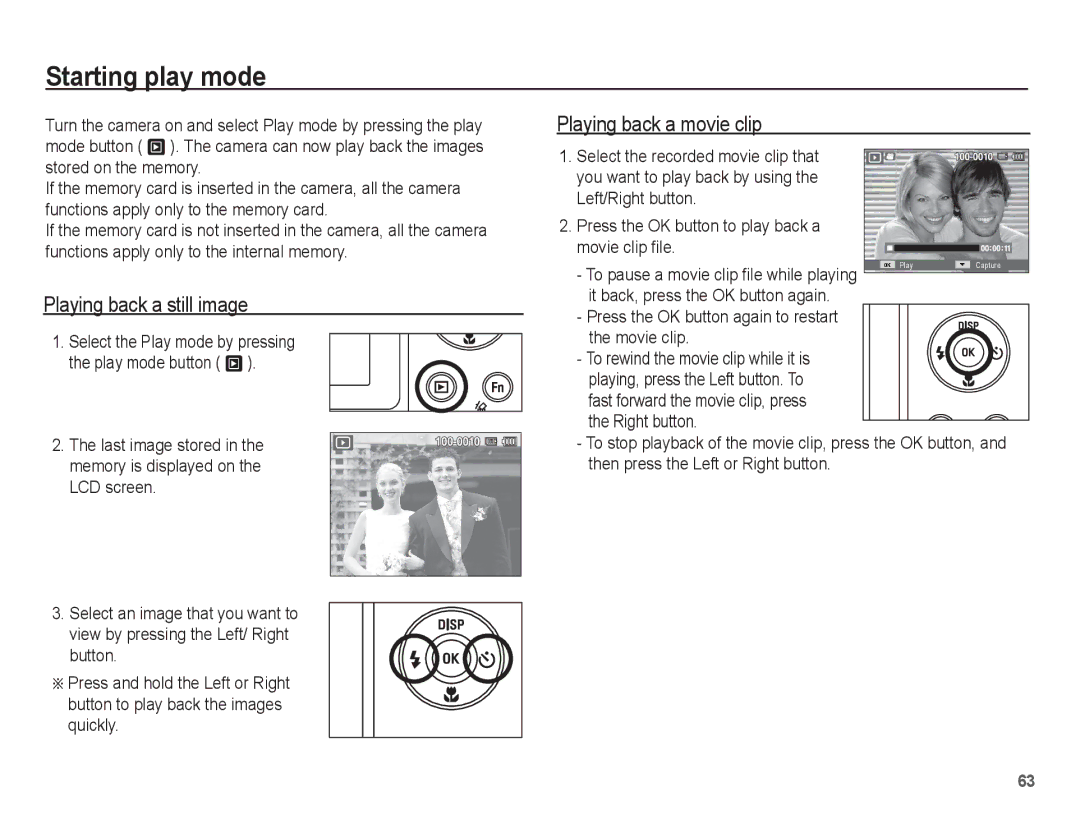 Samsung AQ100 manual Starting play mode, Playing back a still image, Playing back a movie clip, Movie clip 