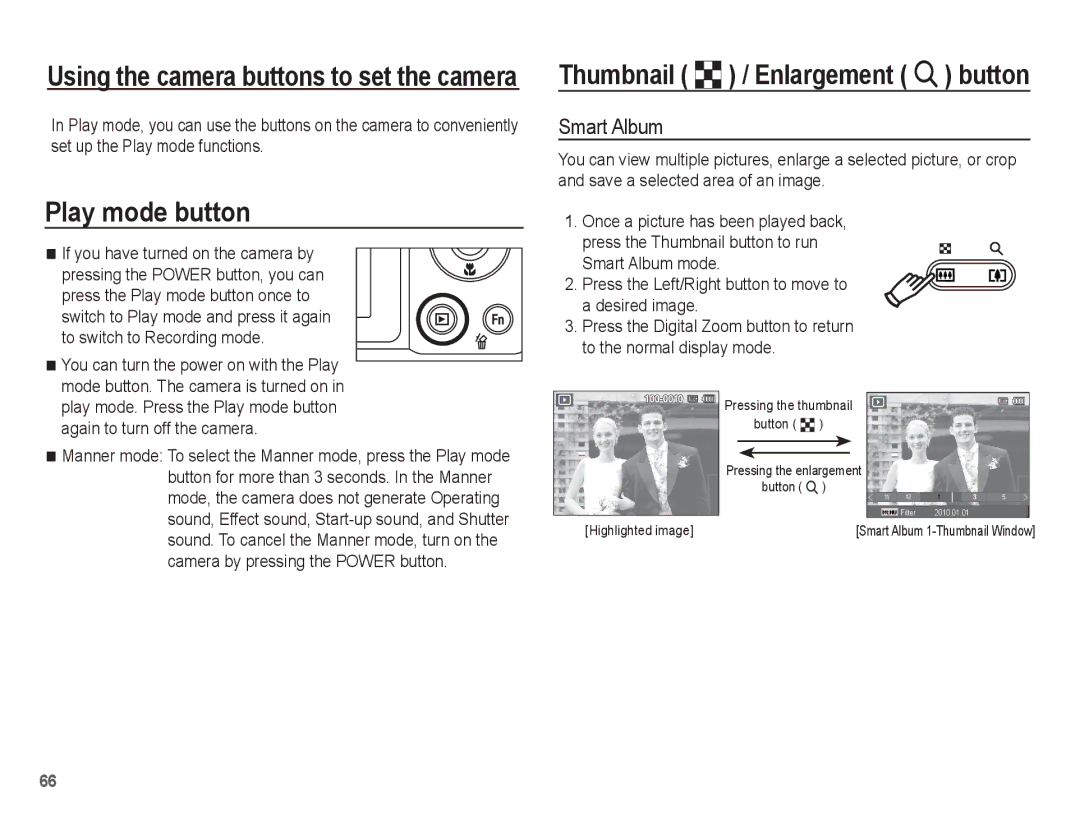 Samsung AQ100 manual Play mode button, Thumbnail º / Enlargement í button, Smart Album 