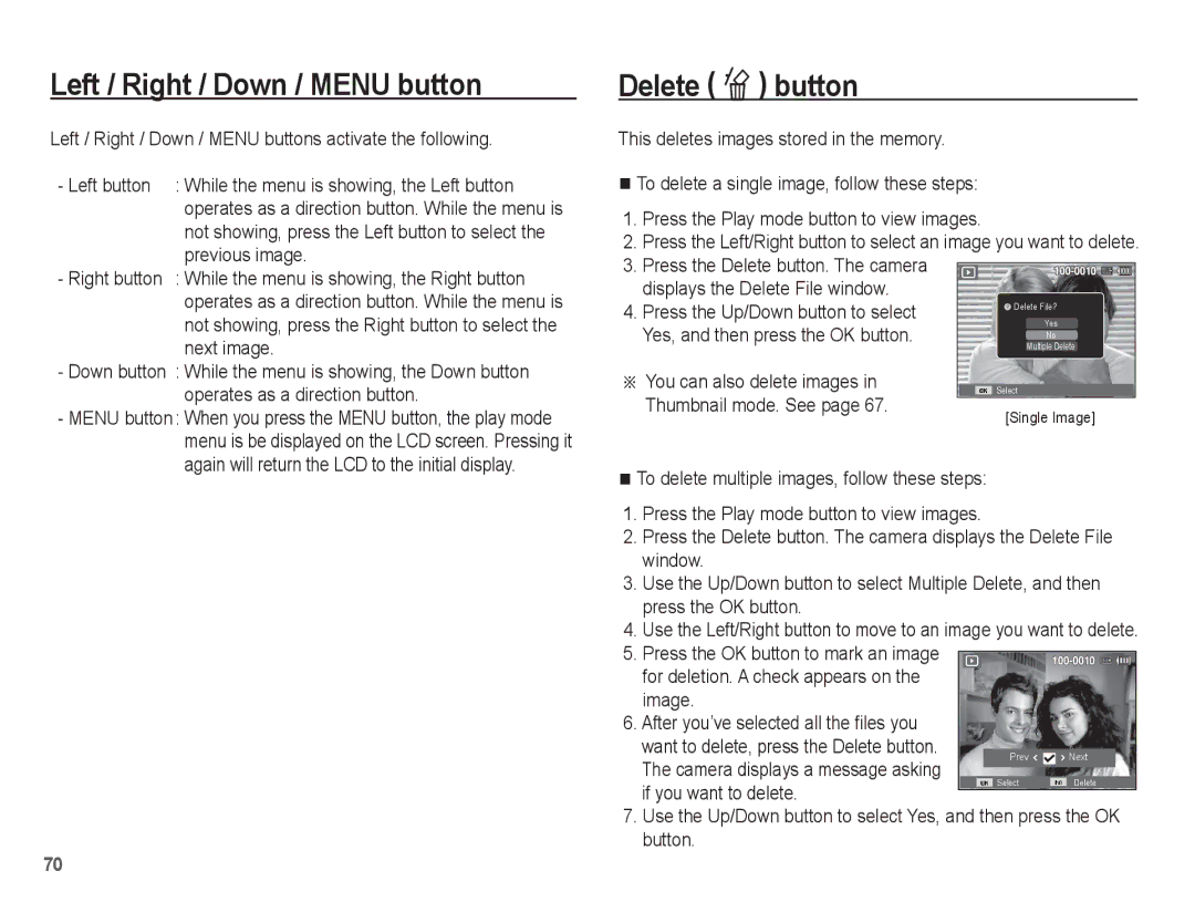 Samsung AQ100 manual Left / Right / Down / Menu button, Delete Õ button, You can also delete images, Thumbnail mode. See 