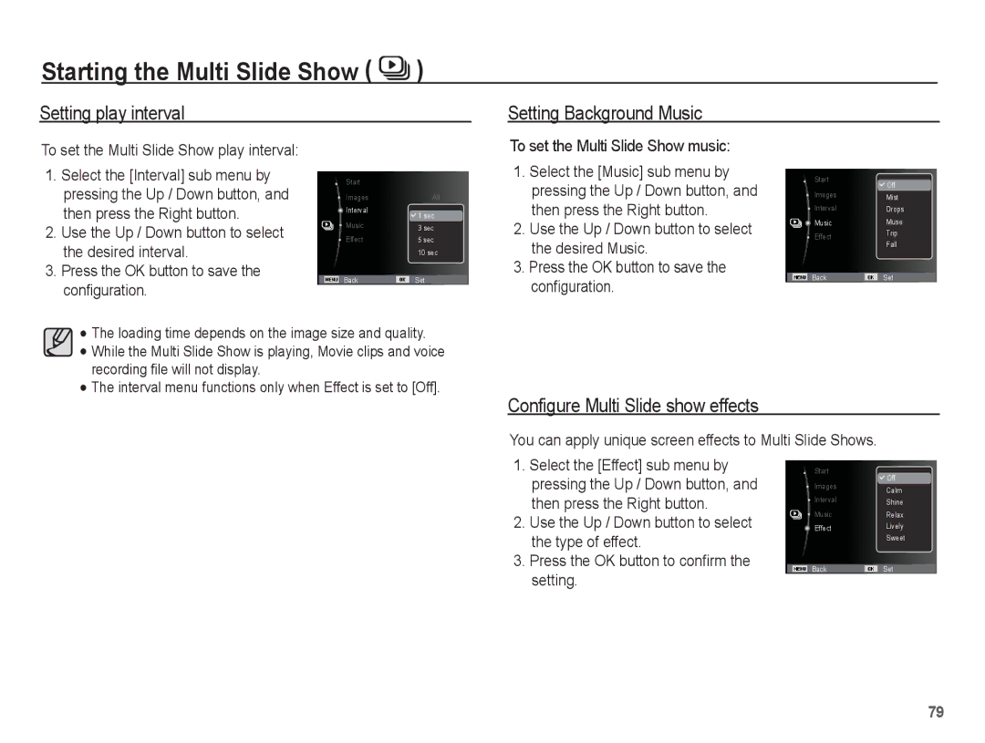 Samsung AQ100 manual Setting play interval Setting Background Music, Configure Multi Slide show effects 