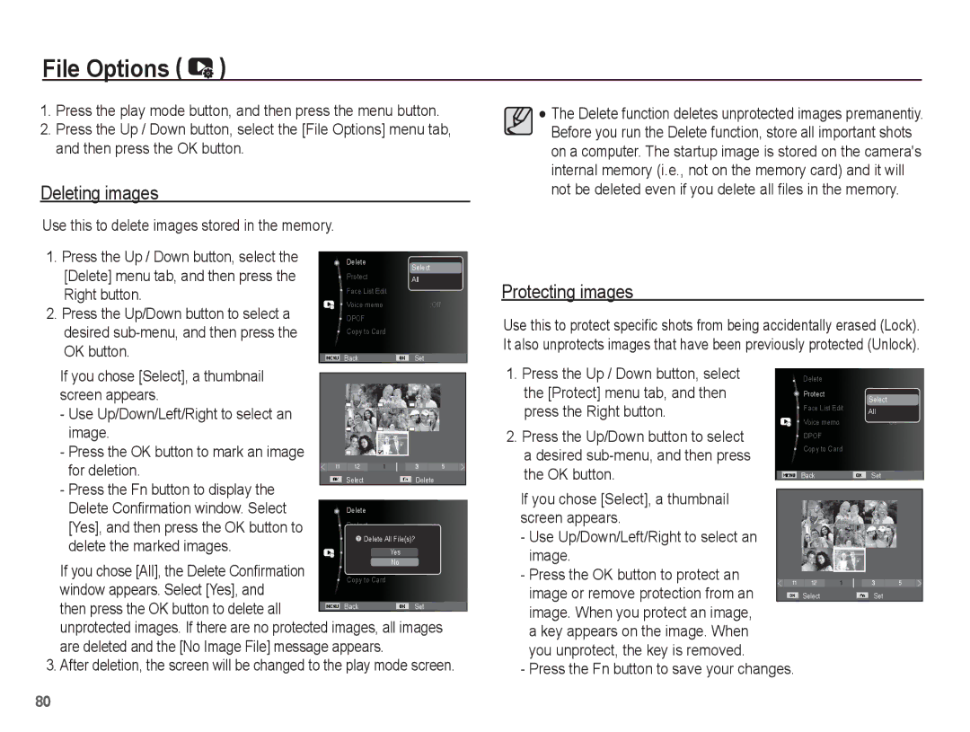 Samsung AQ100 manual File Options, Deleting images, Protecting images 